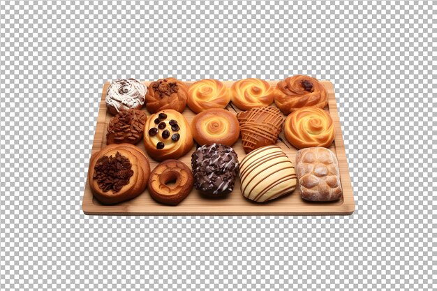 Bakery foods on wooden dish isolated on transparent background
