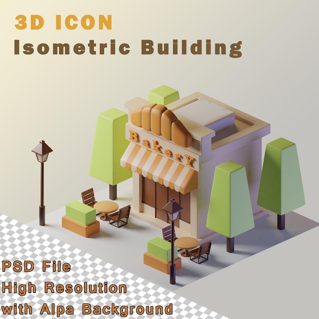 PSD edificio isometrico di panetteria con due tavoli davanti e alberi e lampioni illustrazione 3d