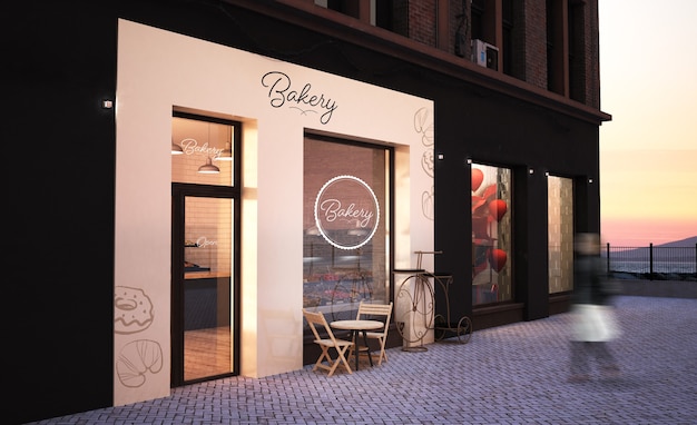 PSD bakery storefront 3d rendering mockup