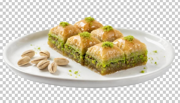 PSD baklava met pistachenoten op een witte plaat op een doorzichtige achtergrond