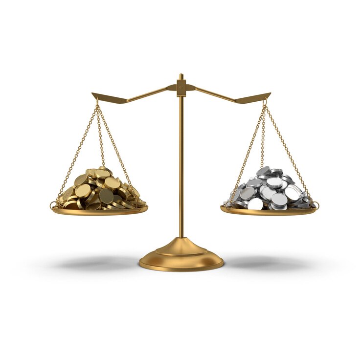 PSD balance scale with gold and silver coins representing financial comparison