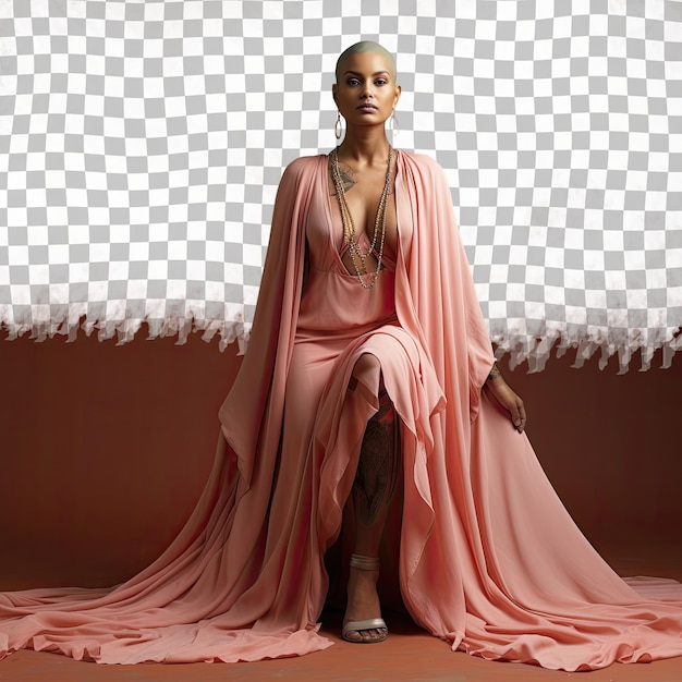 Bald aboriginal woman stylish producer poses in flowing dress against coral backdrop