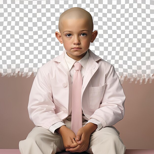 PSD bald chem eng kiddo denkende pose afrikaanse am zit creamy achtergrond een pessimistisch portret