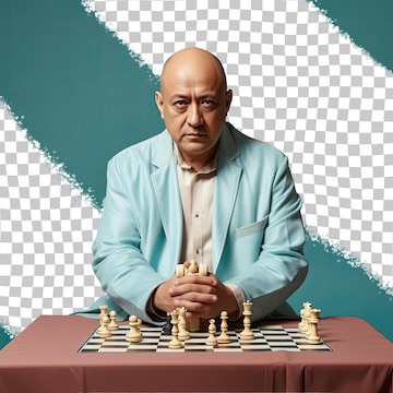 Premium PSD  Bald gratitude southeast asian chess player in soft gaze and  pastel teal pose