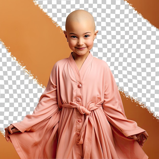 PSD bald preschooler poses empowered in midwife garb hispanic girl radiates confidence on pastel apricot backdrop