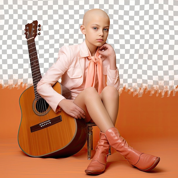 Лысая славянская девушка умный музыкант в пастельном мандарине