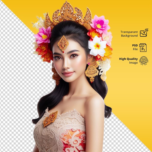 Balinese girl dressed in traditional balinese clothing with a transparent background