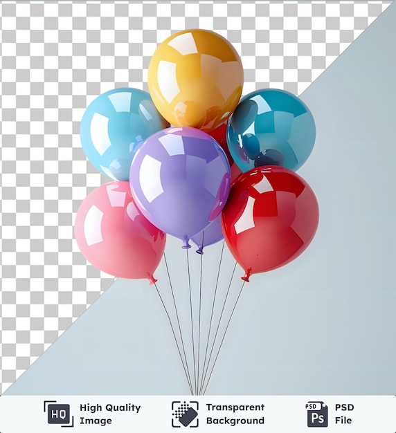 Ballonballonnen van verschillende kleuren, waaronder rood, blauw, geel en paars, vliegen in de lucht tegen een heldere blauwe lucht