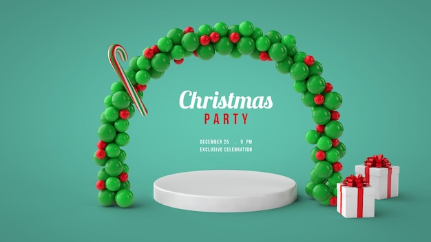 Arco di palloncini con supporto e regalo di buon natale e felice anno nuovo modello psd rendering 3d