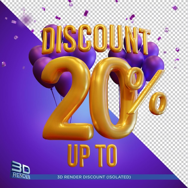 Balloon text discount up to 20 percentage 3d render isolated
