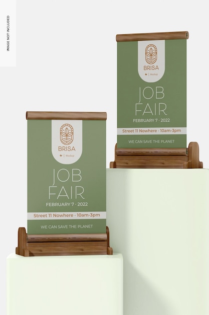 Bamboo desk roll up stand mockup, перспектива