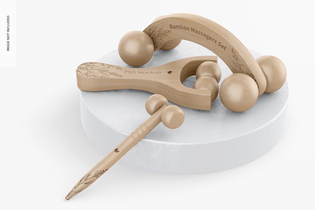 PSD bamboo massagers set mockup, op podium