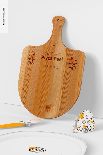 Bamboo pizza peel mockup, leaned