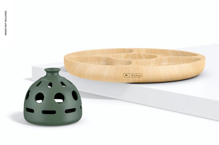 PSD bamboo round tray mockup, on podium