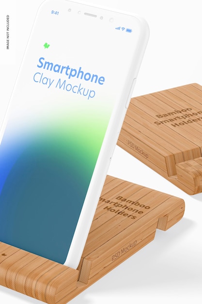 Bamboo smartphone holders mockup, close up