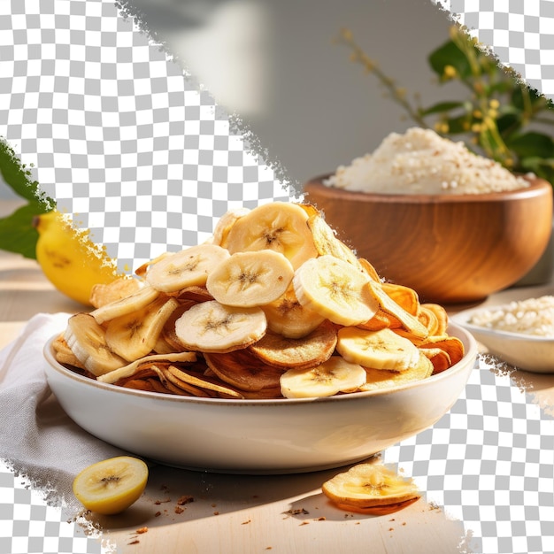 Banana chips and fresh bananas on a transparent background