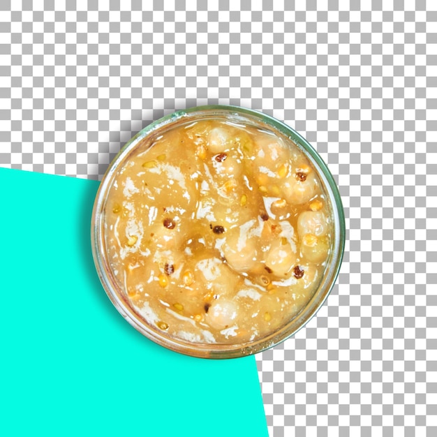 Banana jam jar with slices of fruit on transparent background