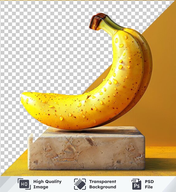 PSD banana levita su mockup modificabile con gambo verde su tavolo giallo e parete 80 caratteri