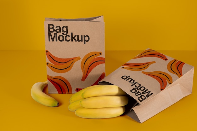 PSD bananas with paper bag mock-up