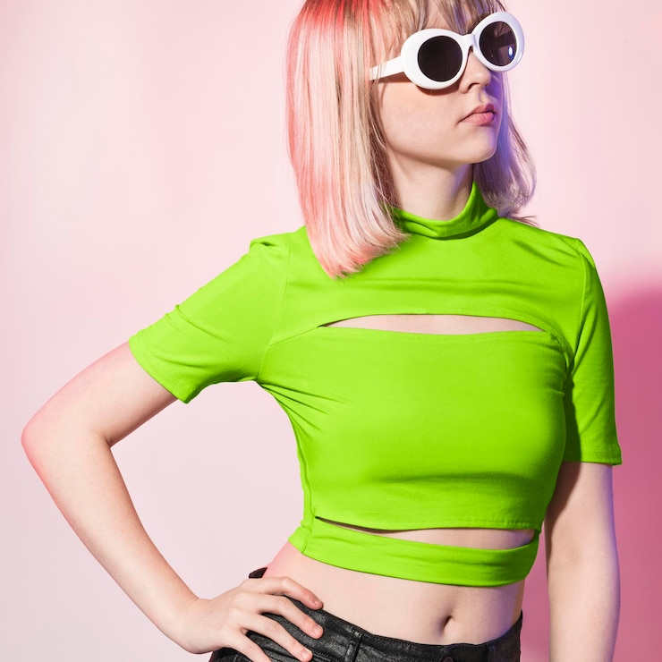 PSD bandage crop top psd mockup in neon green street fashion shoot