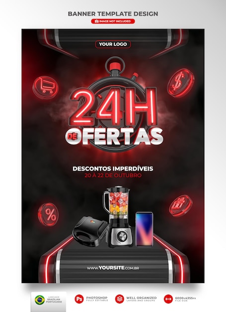 Baner 24 Godziny Ofert W Brazylii Renderują Szablon 3d W Języku Portugalskim Do Celów Marketingowych