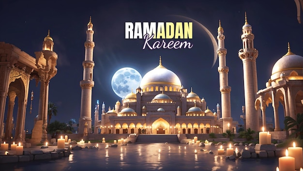 PSD baner dla ramadanu z pięknymi meczetami w nocy w świetle księżyca