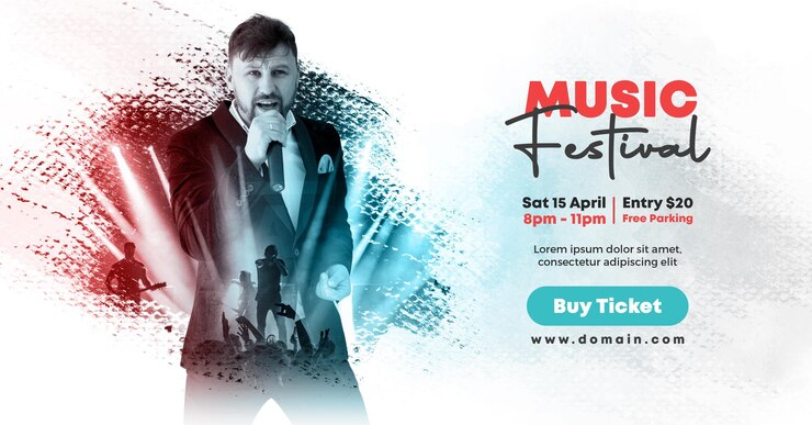 PSD baner festiwalu muzycznego z efektem podwójnej ekspozycji