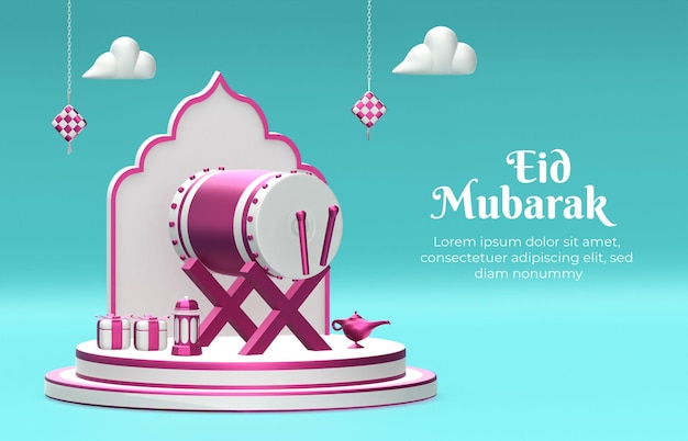 Baner Islamski Ramadan Eid Mubarak Pozdrowienia Z Kompozycją 3d Podium Z Chmurami Na Perkusji