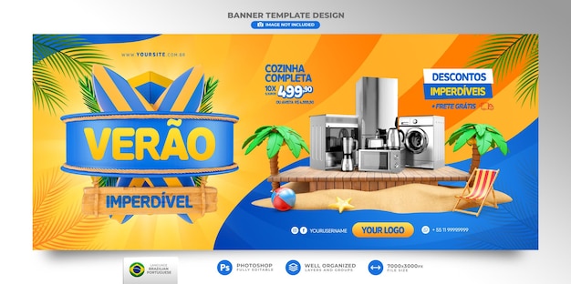 Baner Lato Ofert W Brazylii Szablon Renderowania 3d Dla Kampanii Marketingowej W Języku Portugalskim