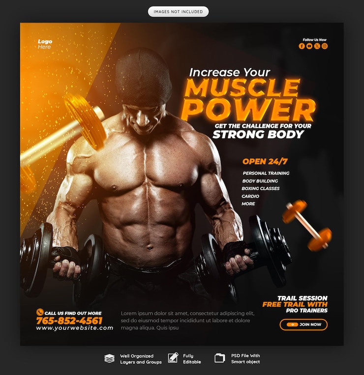 PSD baner mediów społecznościowych dla siłowni i fitnessów lub szablon postów na instagramie