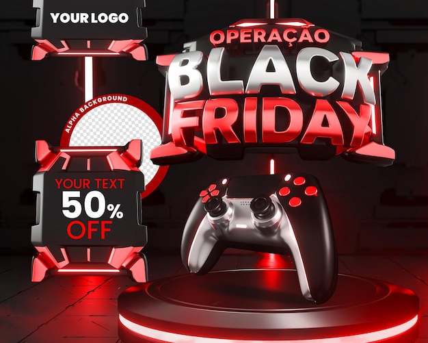 PSD baner operacja black friday z podium 3d neon w futurystycznym tle na sprzedaż i handel