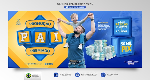 PSD baner promocyjny na dzień ojca 3d renderowanie szablonu projektu w brazylijskim portugalskim