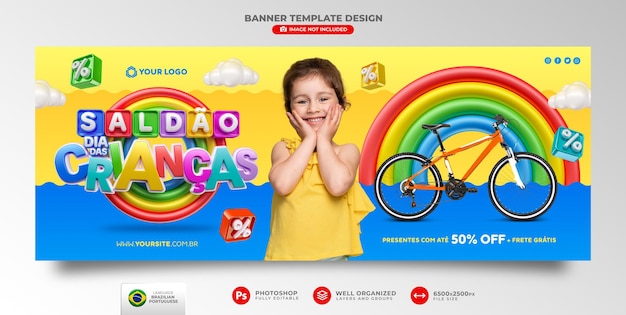 Baner sprzedaży z okazji Dnia Dziecka w renderowaniu 3d dla kampanii marketingowej w Brazylii w języku portugalskim