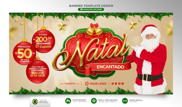Baner Wesołych świąt W Portugalskim Renderowaniu 3d Dla Kampanii Marketingowej W Brazylii Szablon Projektu