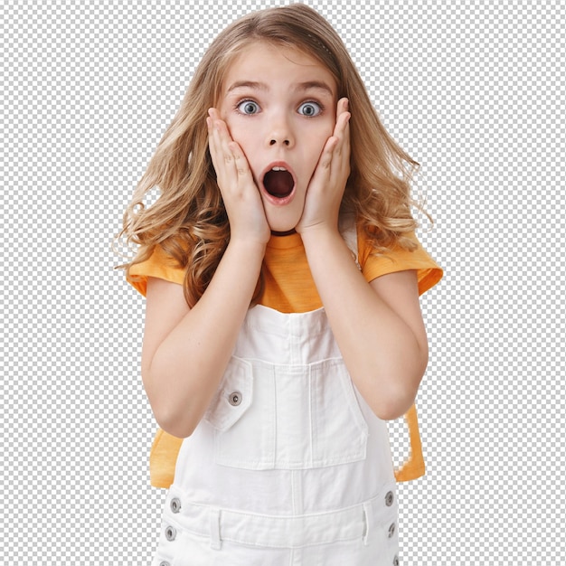 bang en geschokt blank blond klein meisje hijgen grijp gezicht verbaasd staren camera verbaasd val kaak sprakeloos observeren geschokt gebeurtenis reageren hinderlaag bang zien spinnekop witte muur
