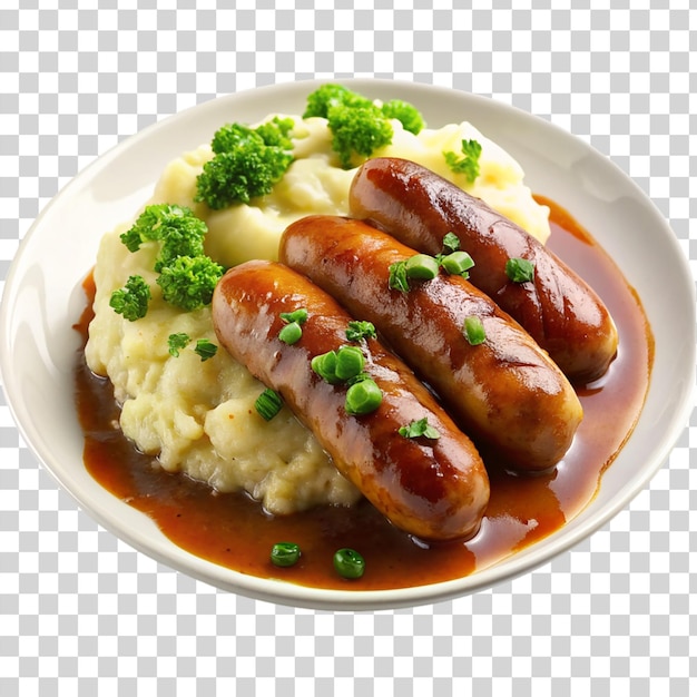 PSD bangers and mash on white plate isolated on transparent background