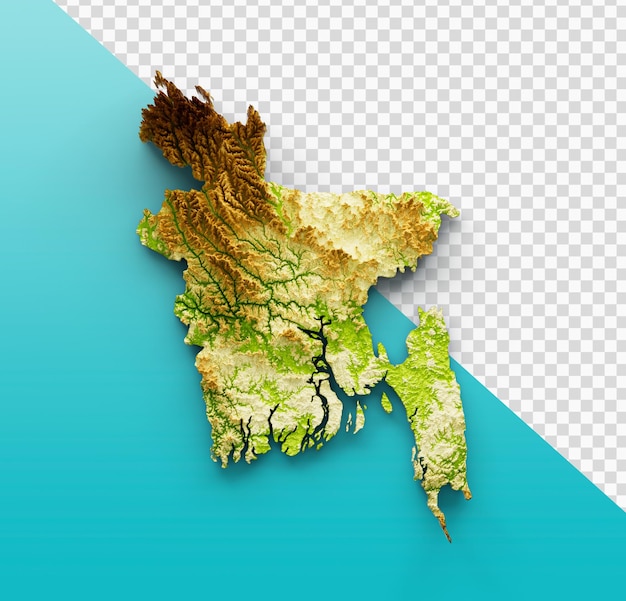 Bangladesh Map Shaded relief Color Height map on isolated Background 3d illustration