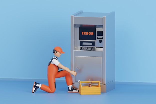 은행 ATM 수리 서비스 3D 일러스트레이션