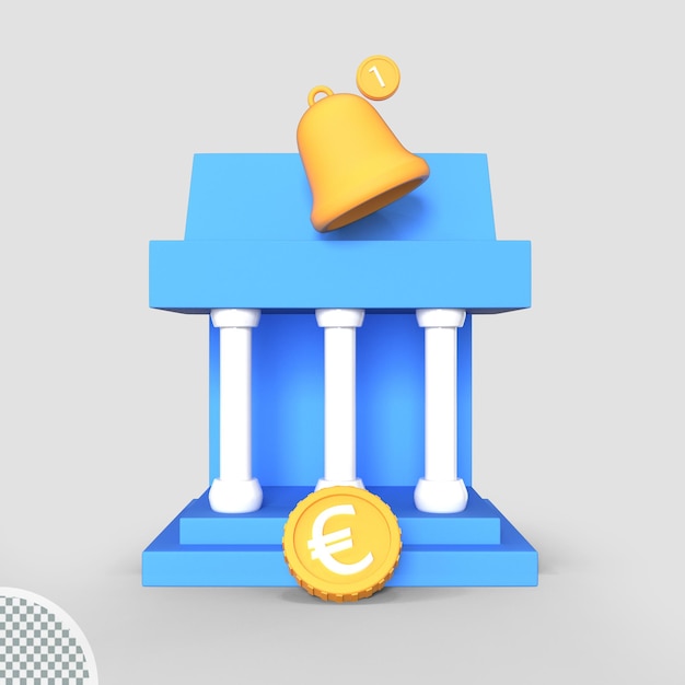 Costruzione di una banca con l'illustrazione dell'icona della rappresentazione della campana di notifica della moneta 3d