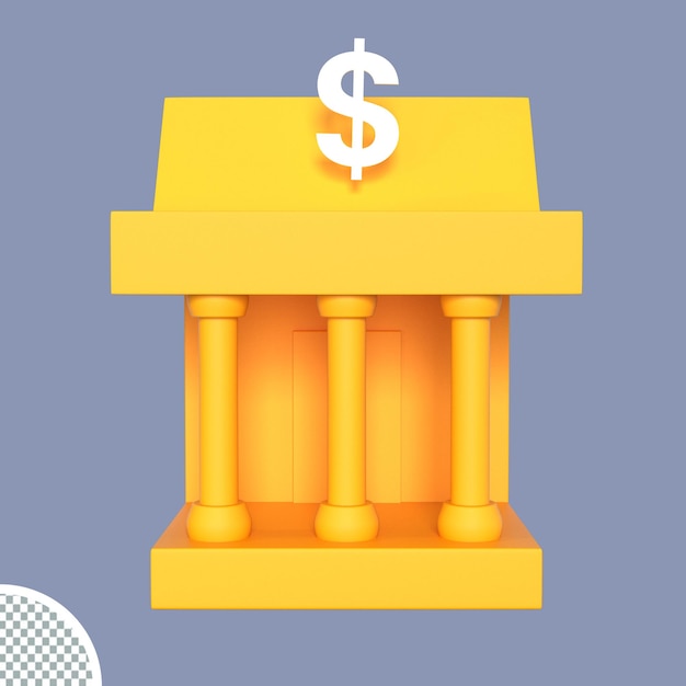 PSD costruzione della banca con l'illustrazione dell'icona della rappresentazione 3d della moneta del dollaro
