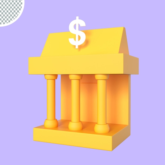 PSD bank building with dollar coin 3d rendering icon illustration