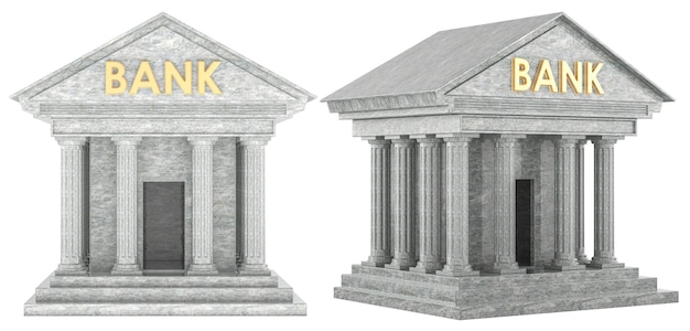 Bank buildings front and side views 3D rendering isolated on transparent background