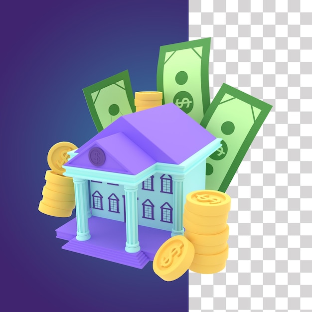 PSD bank en geld 3d illustratie