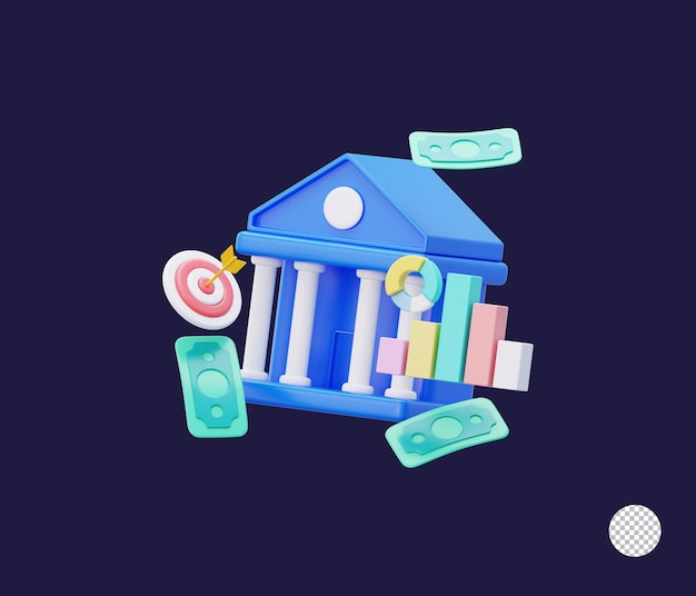 Bank icon with charts and a target illustration image