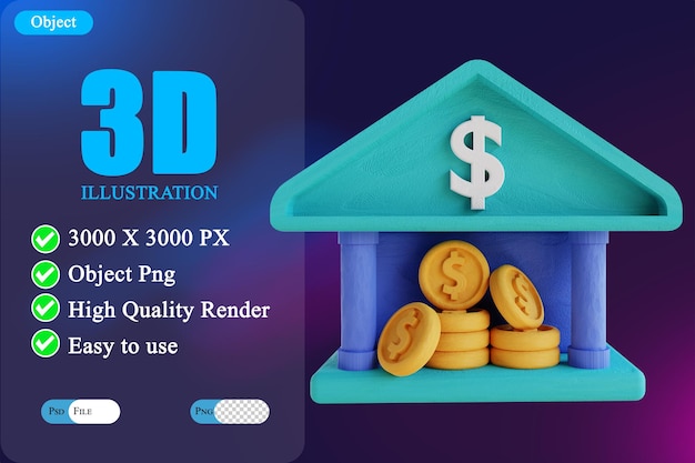 PSD bank ilustracji 3d i moneta