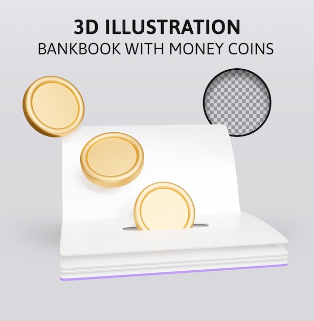 bankbook with money coins deposit 3d rendering illustration