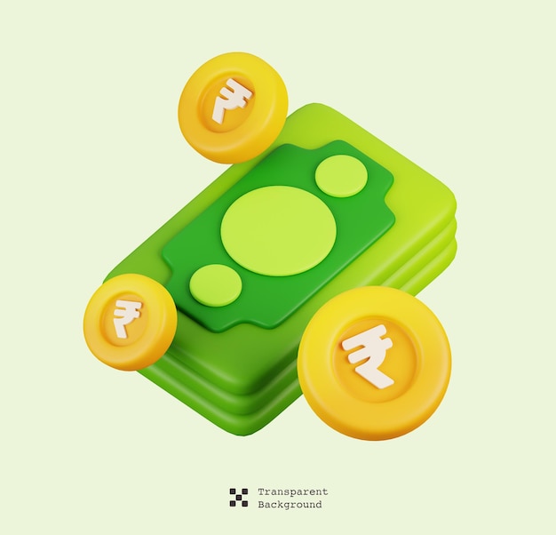 Banknote and rupee gold coins isolated business and finance icon concept 3d render illustration