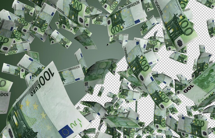 Banknoty euro spadają - z góry spadają setki 100 dolarów