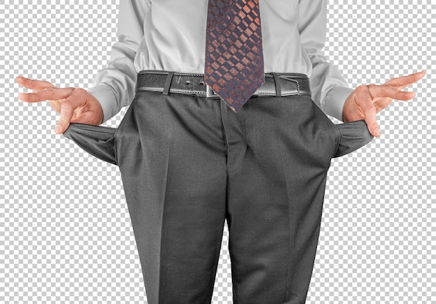 PSD bankrupt business man showing empty pockets by hands isolated on transparent background