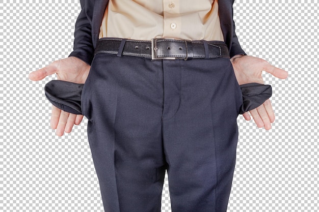 Bankrupt business man showing empty pockets with hands Isolated on transparent background